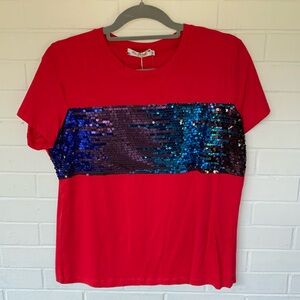 NWT LA DIOSA Fashion Red T-Shirt Top w/ Blue Sequins Embellishment Size XL